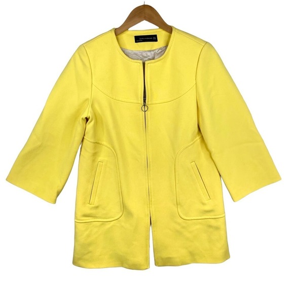 Zara Yellow Round Neck Full Zip Tailored Coat 3/4 Length Sleeves Size Medium - Picture 1 of 10